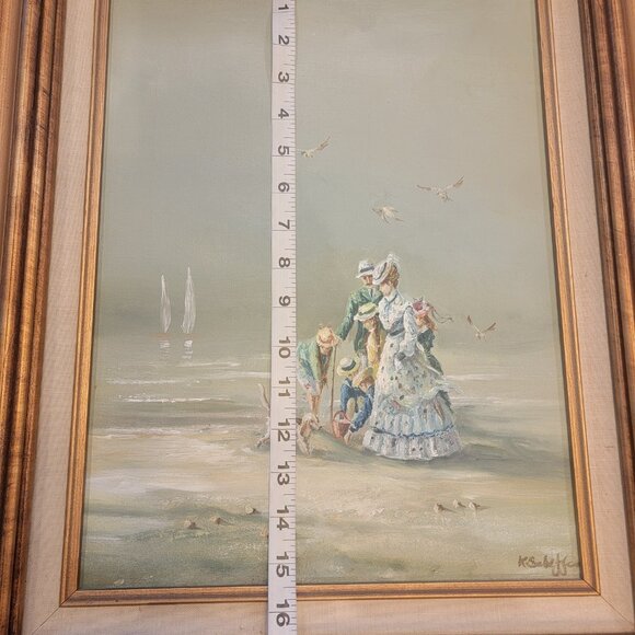 Family on Beach Oil on canvas by K Scheffer Signed. Framed Original - Picture 11 of 12
